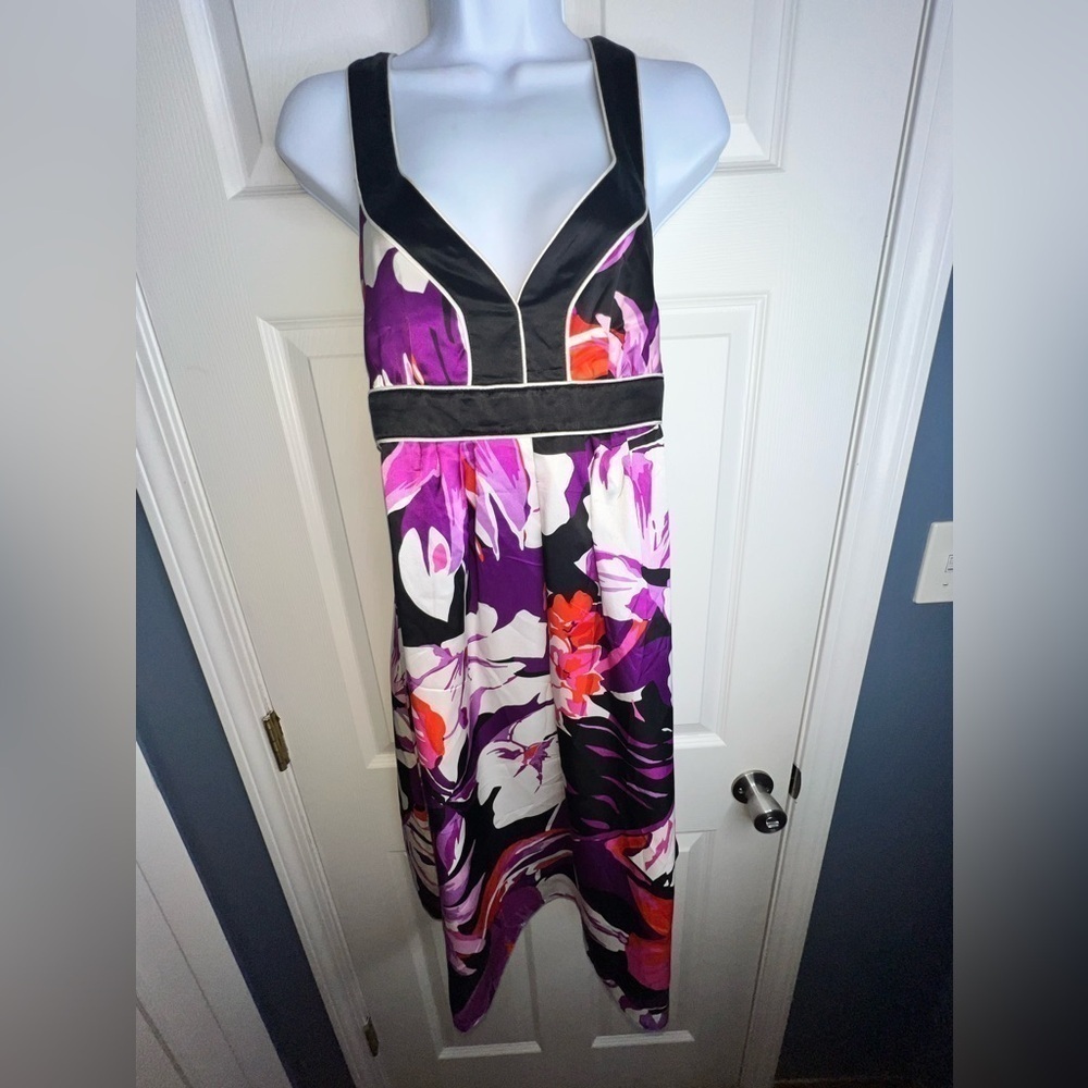 Vtg Banana Republic Petites 8 Black Purple Floral 100% Silk Mini Dress 8P - Picture 3 of 15